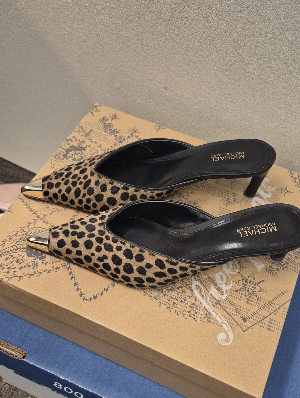 MICHAEL Michael Kors Leopard-Print Pointed Toe Mules with Gold Cap